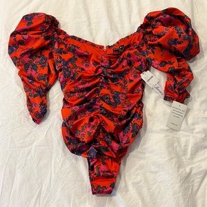 For Love & Lemons puffed sleeve red satin bodysuit